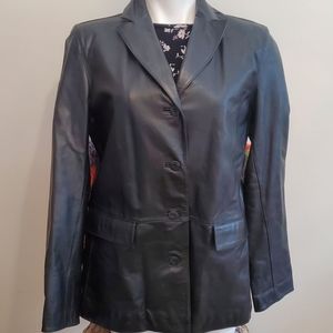 Women's black leather button front coat
